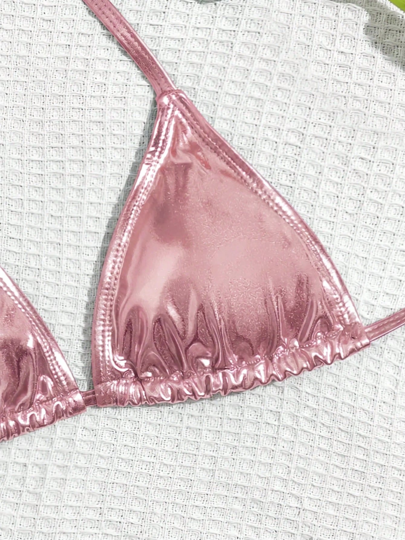 Swim Vcay Solid Color Neck Tie Split Bikini Swimsuit, Summer