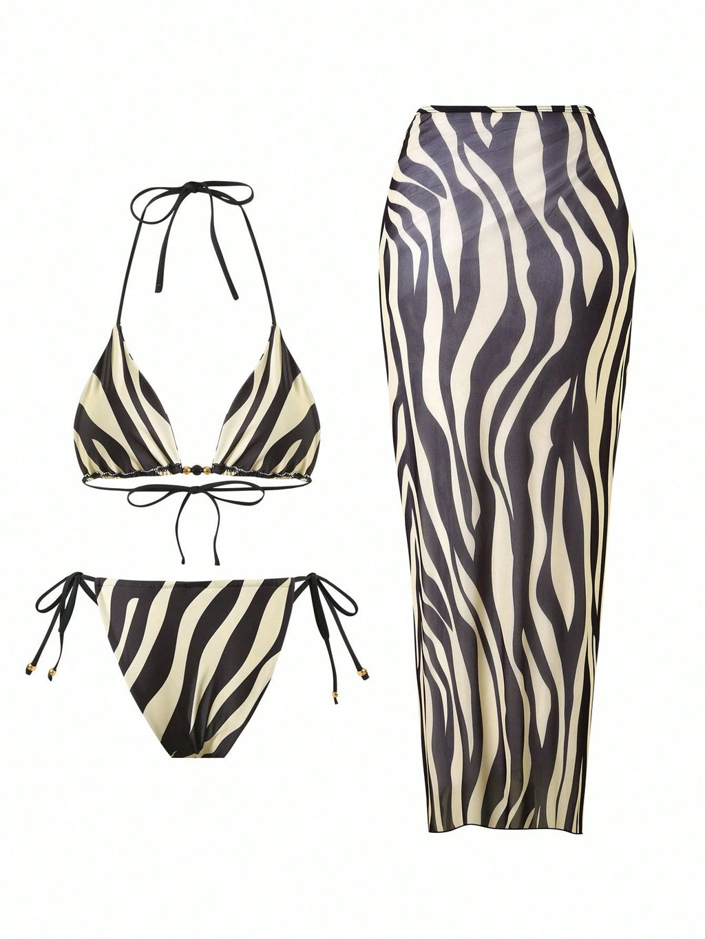 Sirith Women's Sexy Zebra Print Holiday Suit Beach Dress Bikini Three Pieces Swi