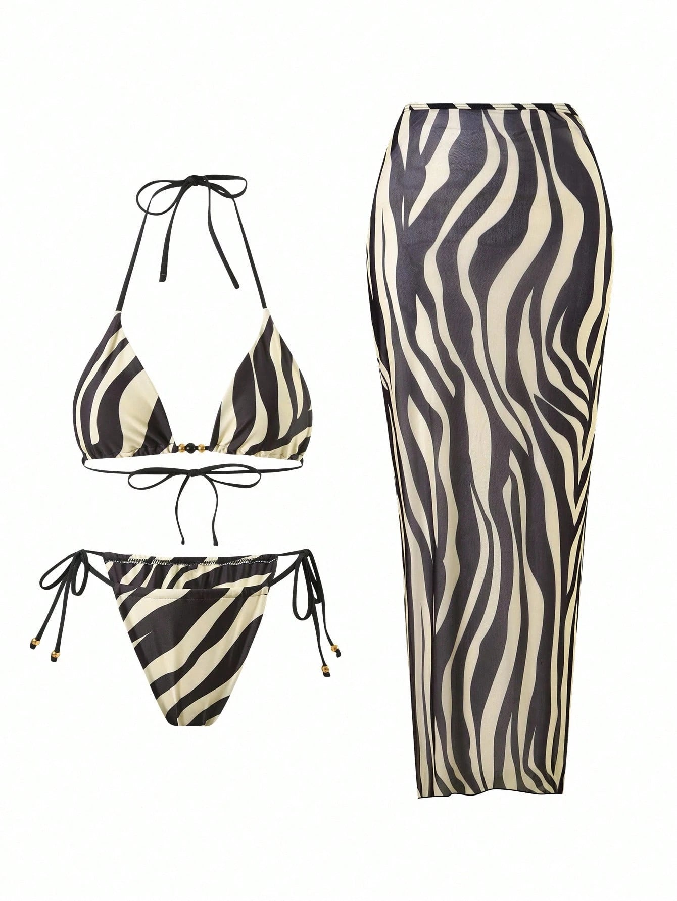 Sirith Women's Sexy Zebra Print Holiday Suit Beach Dress Bikini Three Pieces Swi