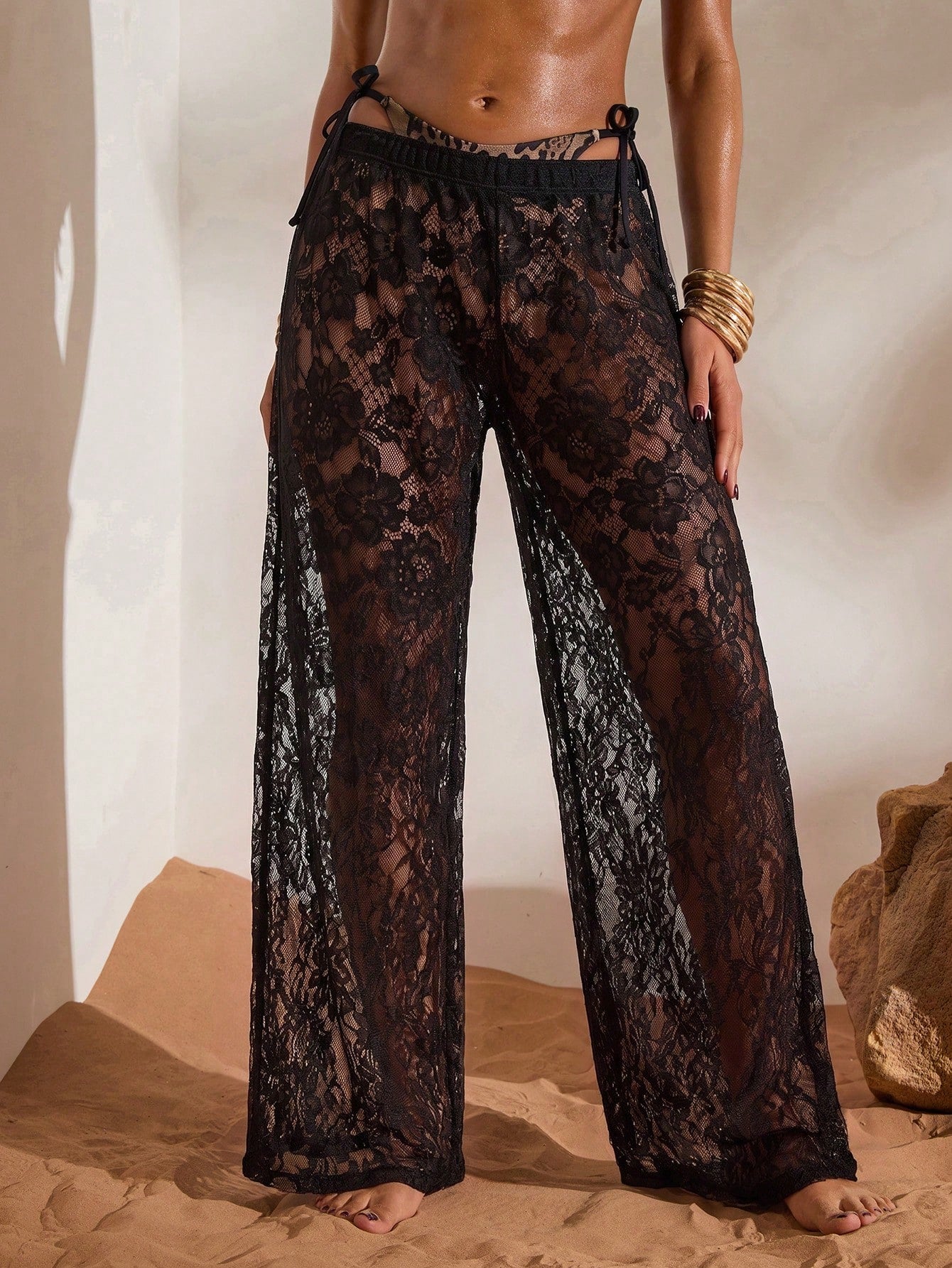 Opulessa Women's Beach Vacation Casual Lace Coverup & Pants Set Cover