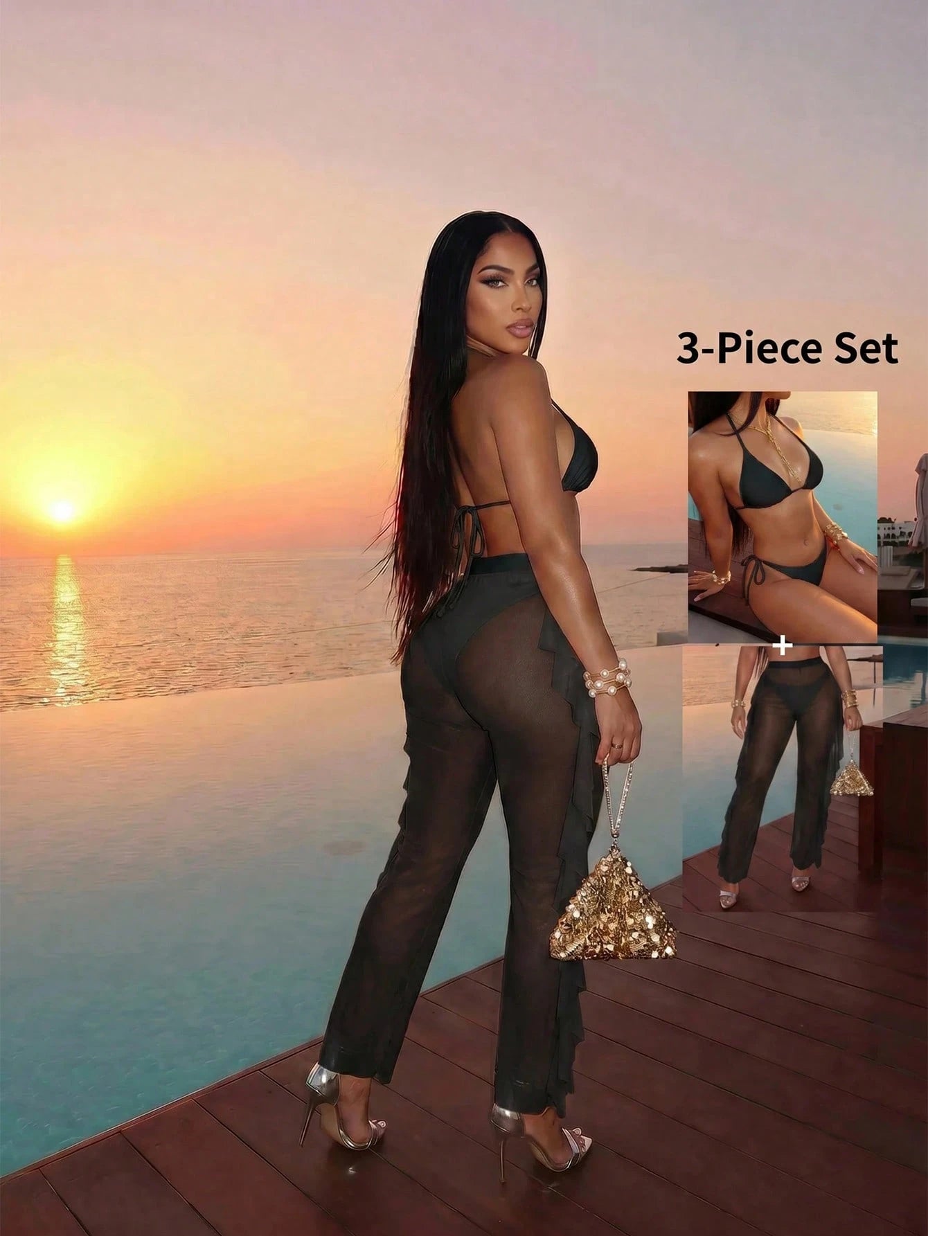 Slaydiva 2026 Casual Beach Holiday Bikini+Unique Ruffled Sheer Elastic Pants 3 P