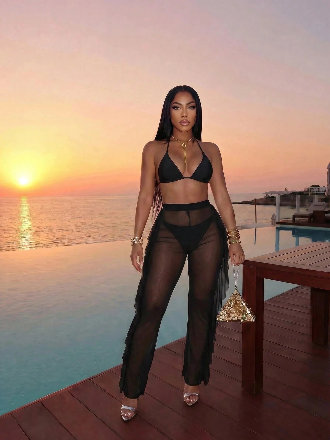 Slaydiva 2026 Casual Beach Holiday Bikini+Unique Ruffled Sheer Elastic Pants 3 P