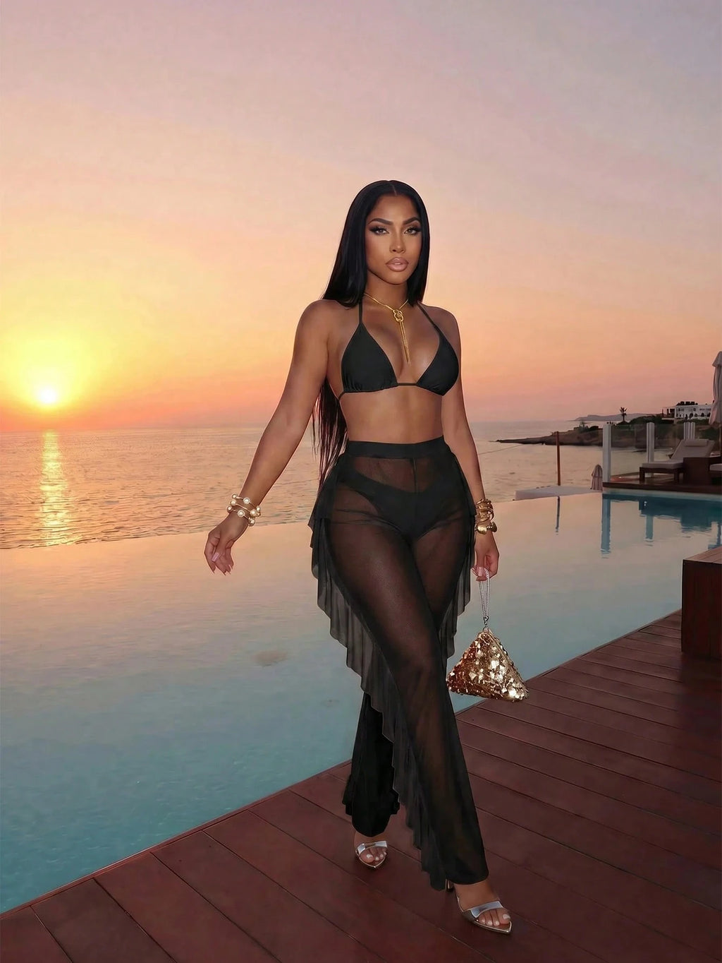 Slaydiva 2026 Casual Beach Holiday Bikini+Unique Ruffled Sheer Elastic Pants 3 P