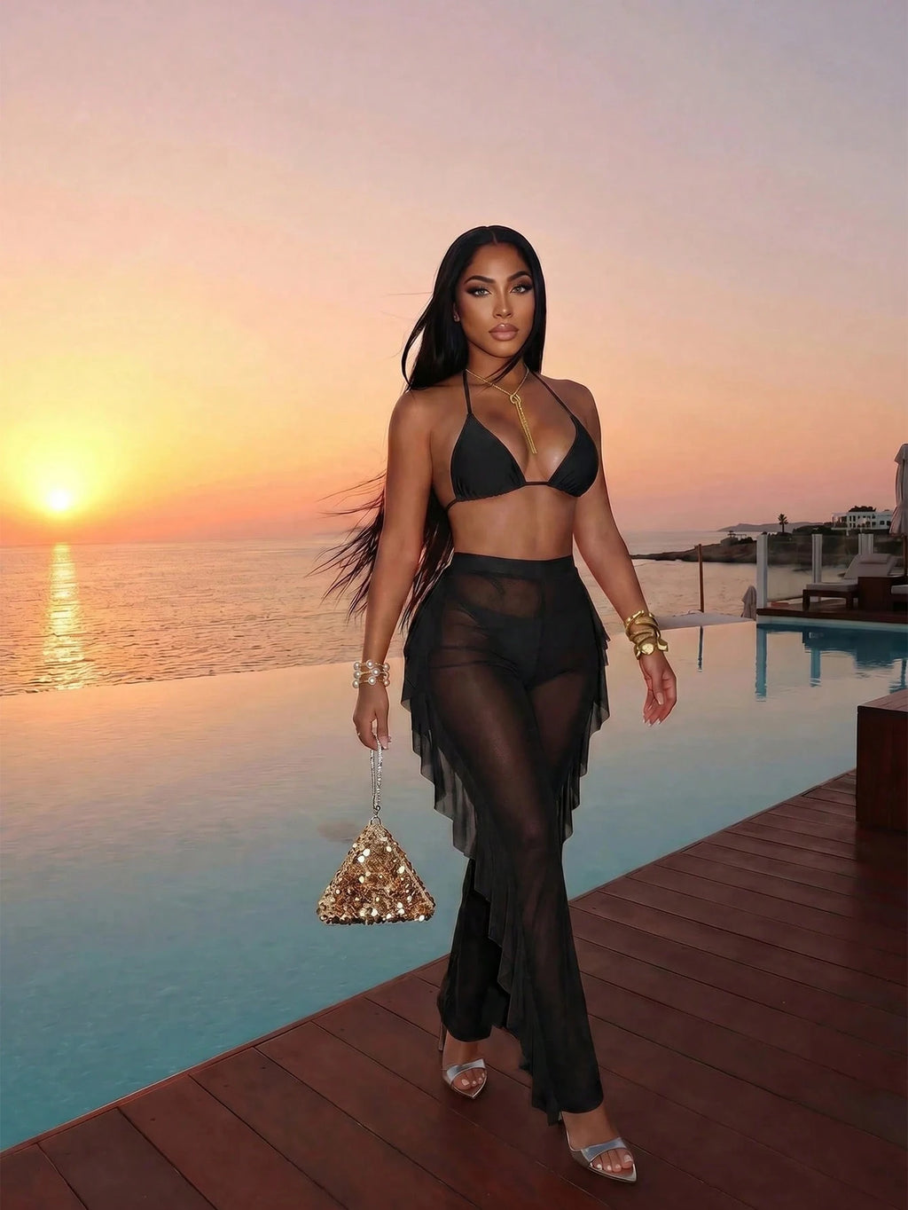 Slaydiva 2026 Casual Beach Holiday Bikini+Unique Ruffled Sheer Elastic Pants 3 P