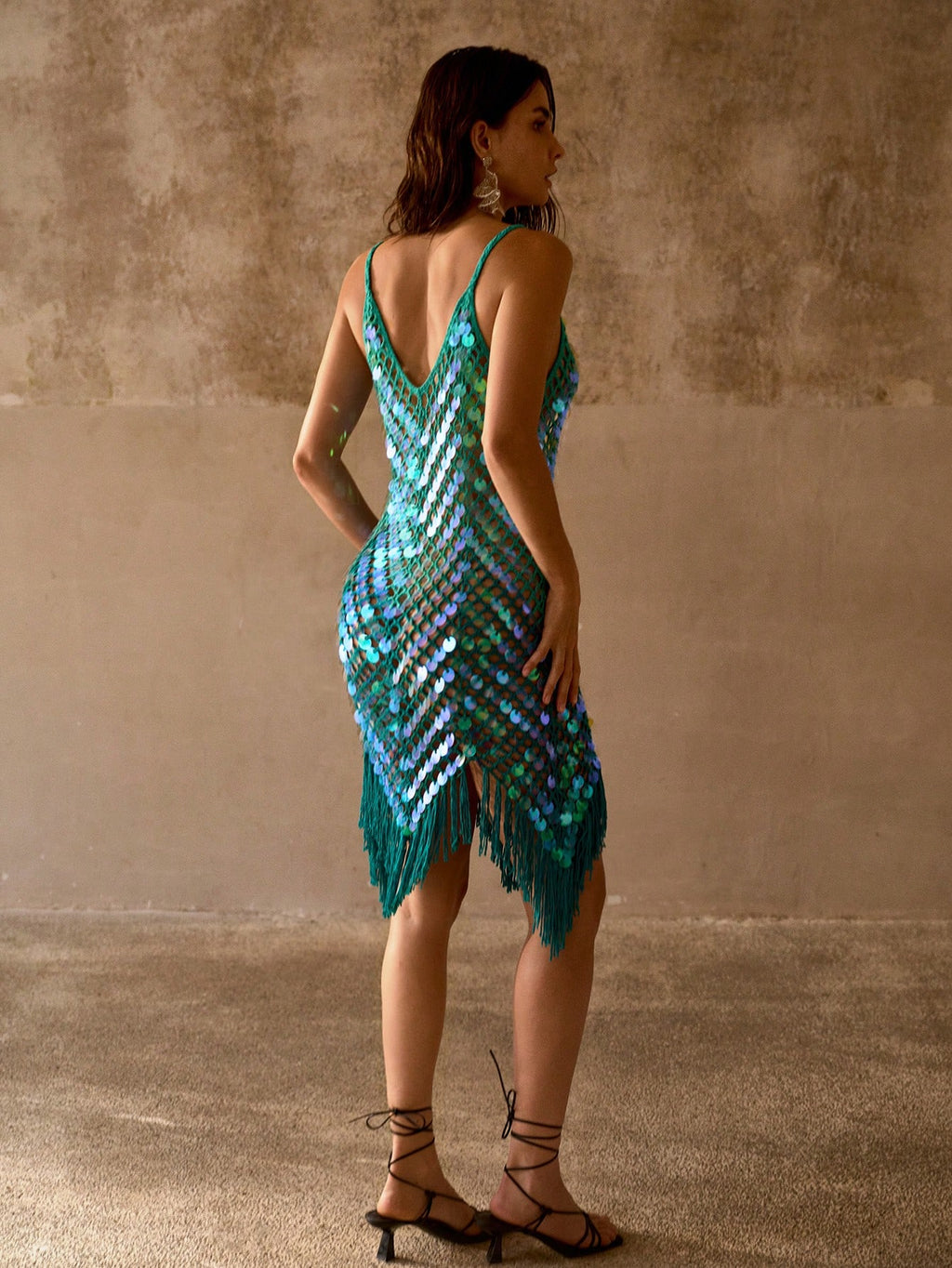 MOTF PREMIUM SEQUIN EMBELLISHED HANDMADE WOVEN HEM FLOWY TASSEL STRAPPY CAMI COVER-UP DRESS - image 3