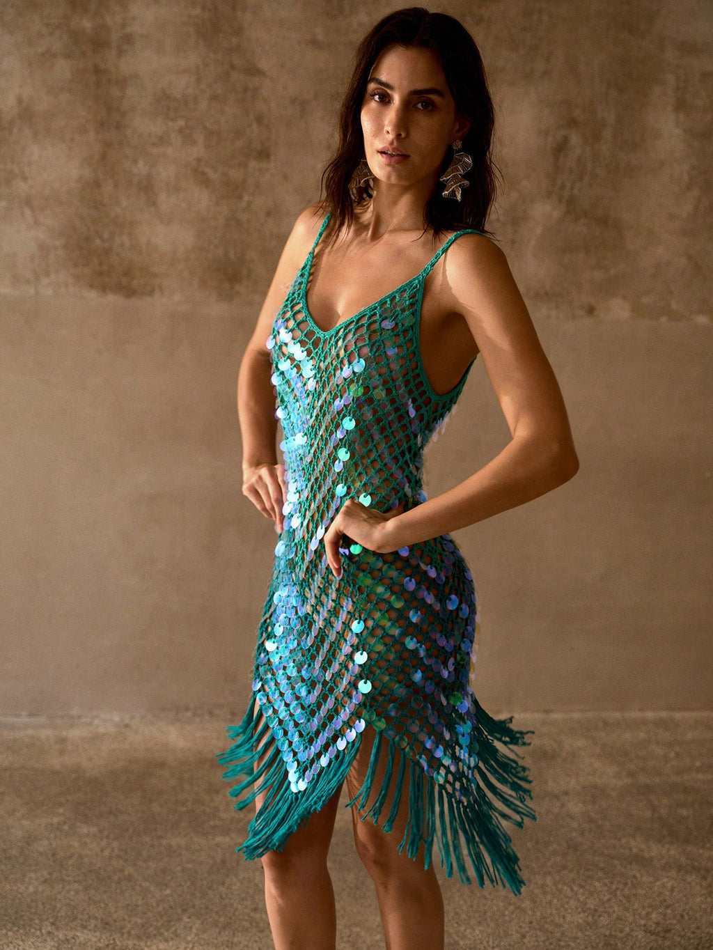 MOTF PREMIUM SEQUIN EMBELLISHED HANDMADE WOVEN HEM FLOWY TASSEL STRAPPY CAMI COVER-UP DRESS - image 5