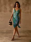 MOTF PREMIUM SEQUIN EMBELLISHED HANDMADE WOVEN HEM FLOWY TASSEL STRAPPY CAMI COVER-UP DRESS