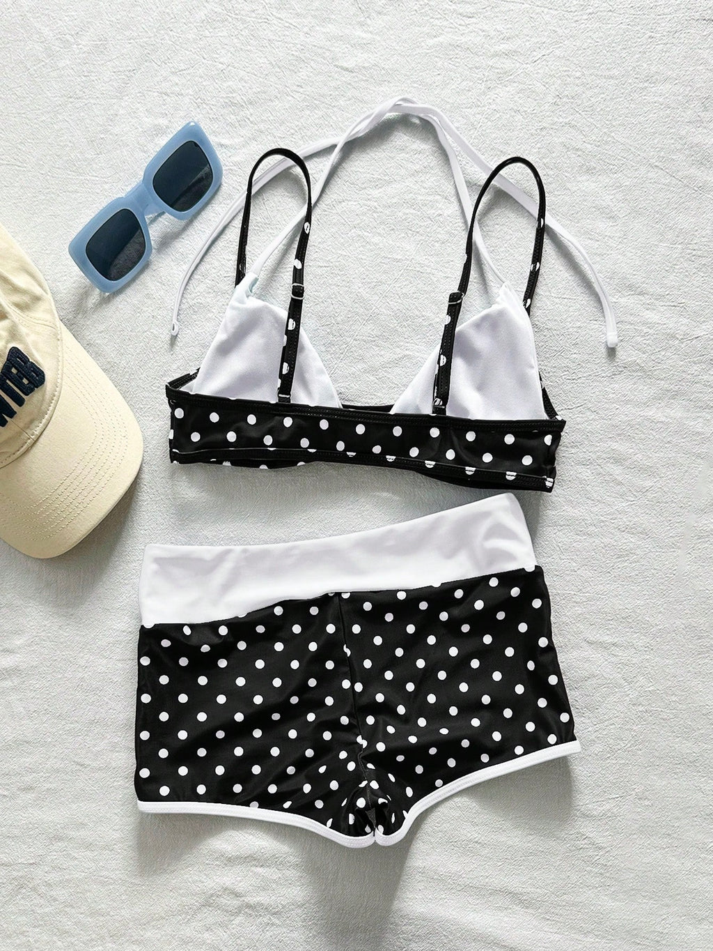 Bonvoyette 2pcs Women's Swimwear Bikini, Blue Yellow Graphic Polka Dot Striped Swimshorts For Boho Vacation, - image 6