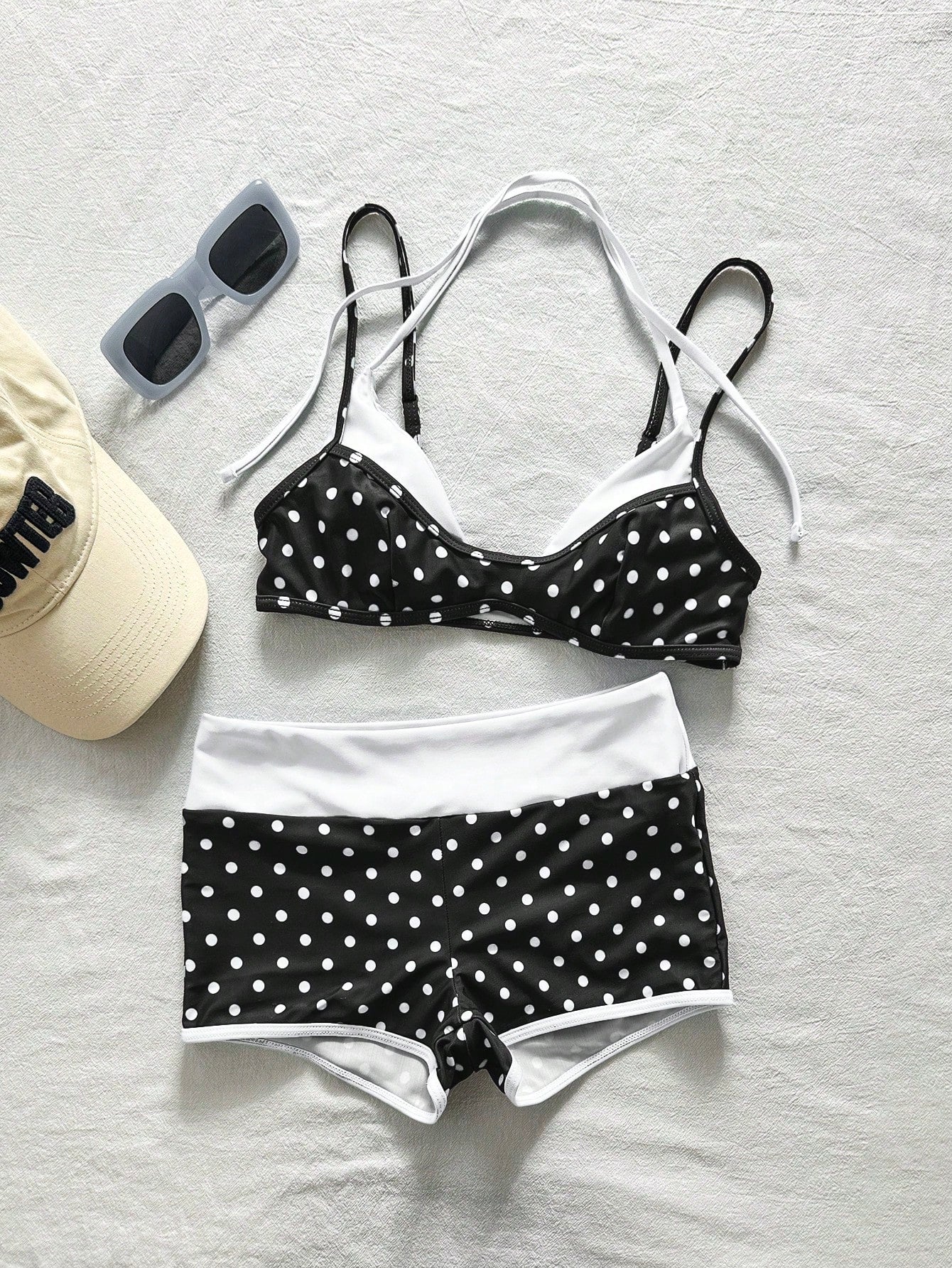 Bonvoyette 2pcs Women's Swimwear Bikini, Blue Yellow Graphic Polka Dot Striped Swimshorts For Boho Vacation, - image 7