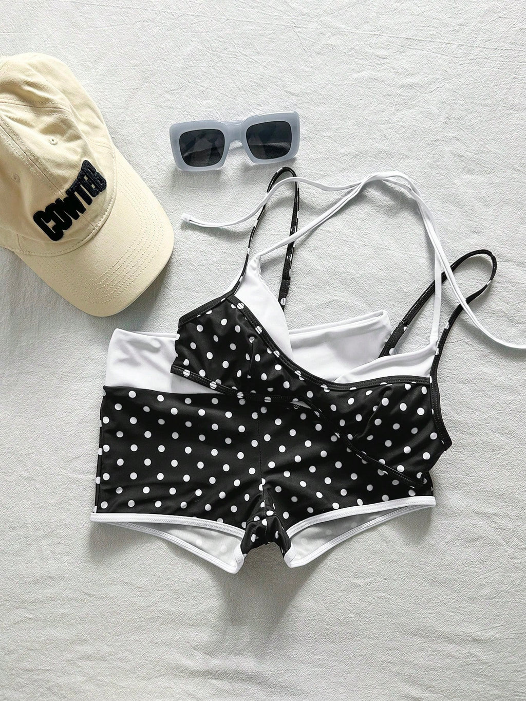 Bonvoyette 2pcs Women's Swimwear Bikini, Blue Yellow Graphic Polka Dot Striped Swimshorts For Boho Vacation, - image 8