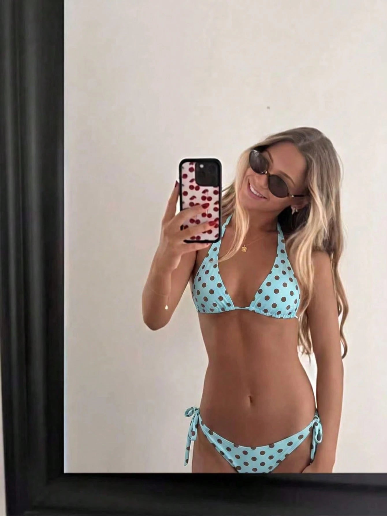 2pcs Polka Dot Elegant Halter Neck Back Tie Open Back Swimwear Top