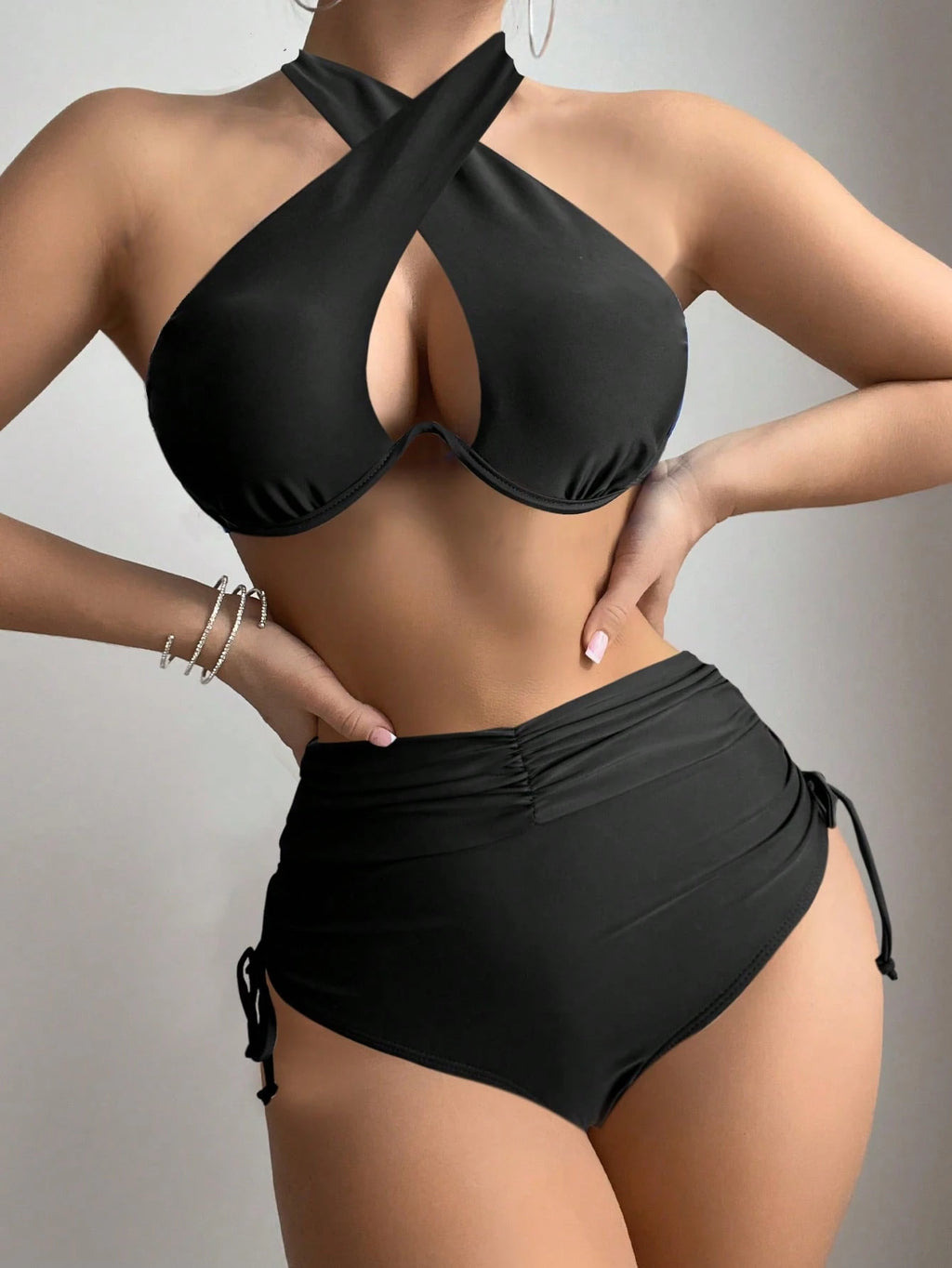 Swim SXY Women's Solid Color Halter Neck Bikini Set With Underwire,