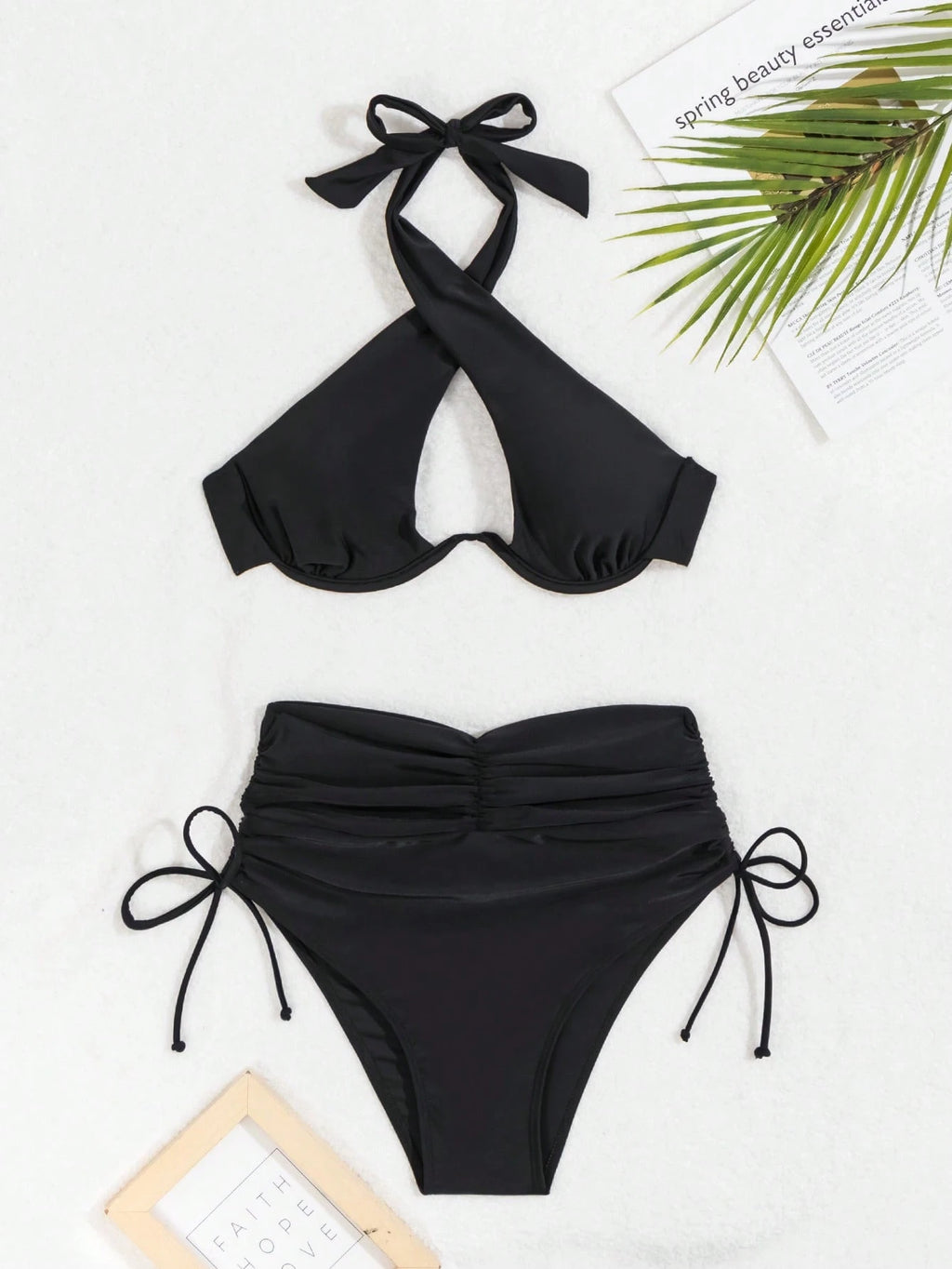 Swim SXY Women's Solid Color Halter Neck Bikini Set With Underwire,