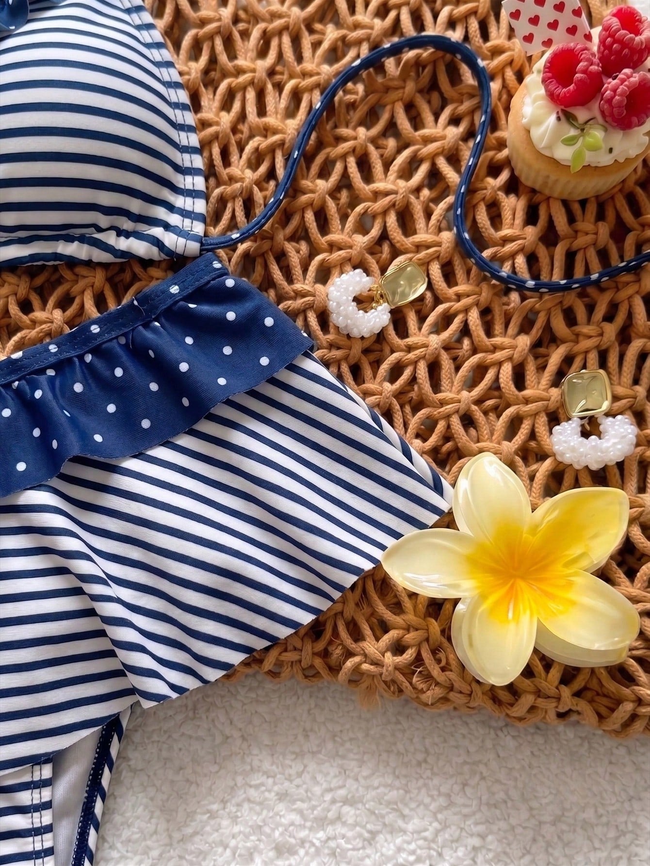 Swim Mod New Polka Dot Print Ruffled Halter Two Pieces Bikini Set,
