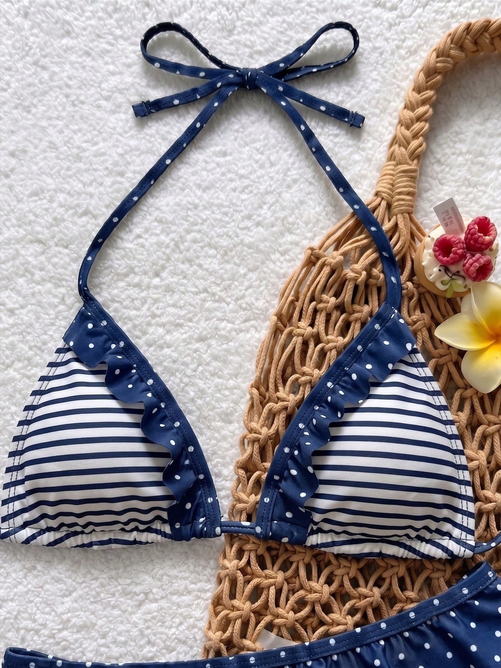 Swim Mod New Polka Dot Print Ruffled Halter Two Pieces Bikini Set,