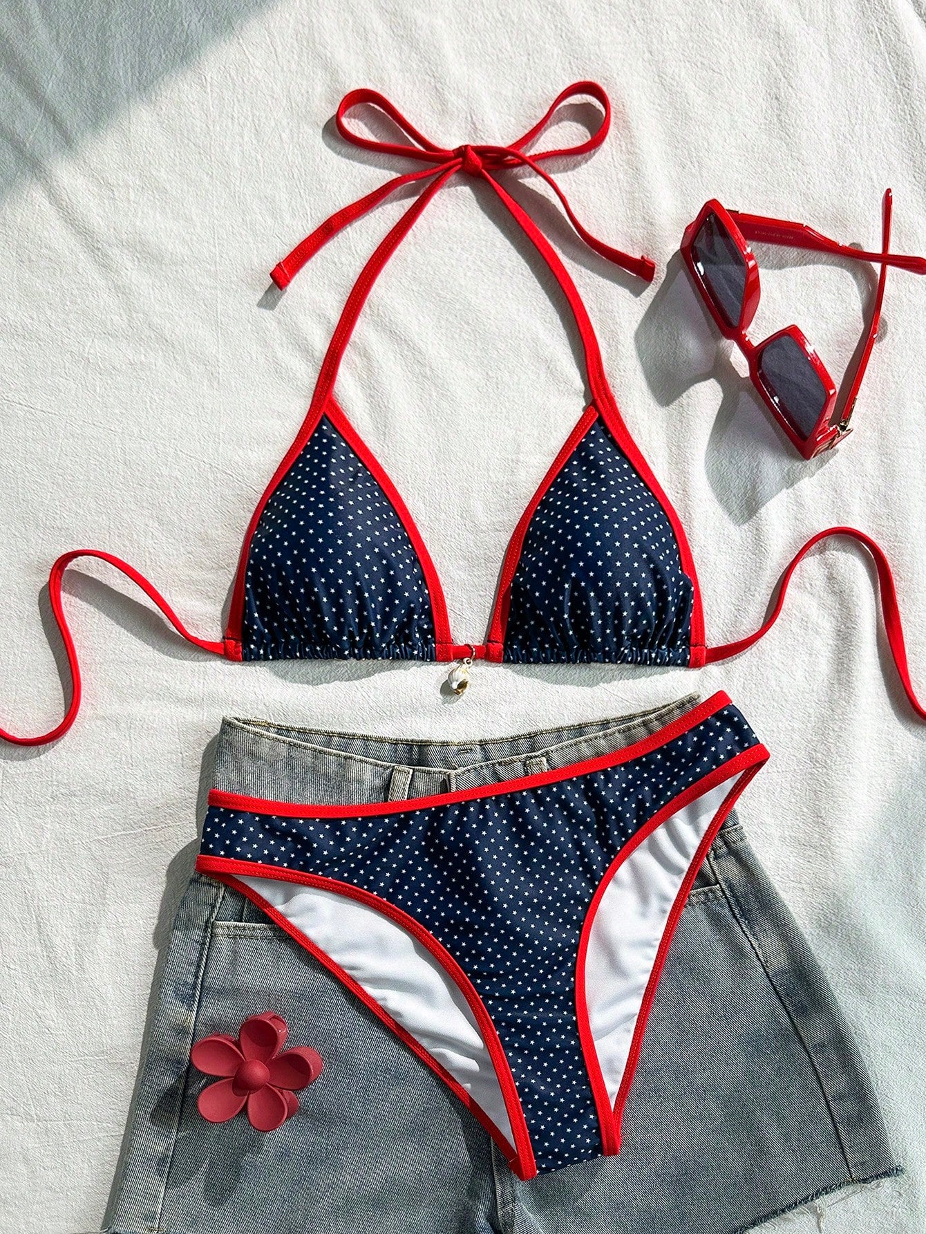 Swim Mod Women's 2 Pieces Swimsuit Set, Star Print & Solid Color