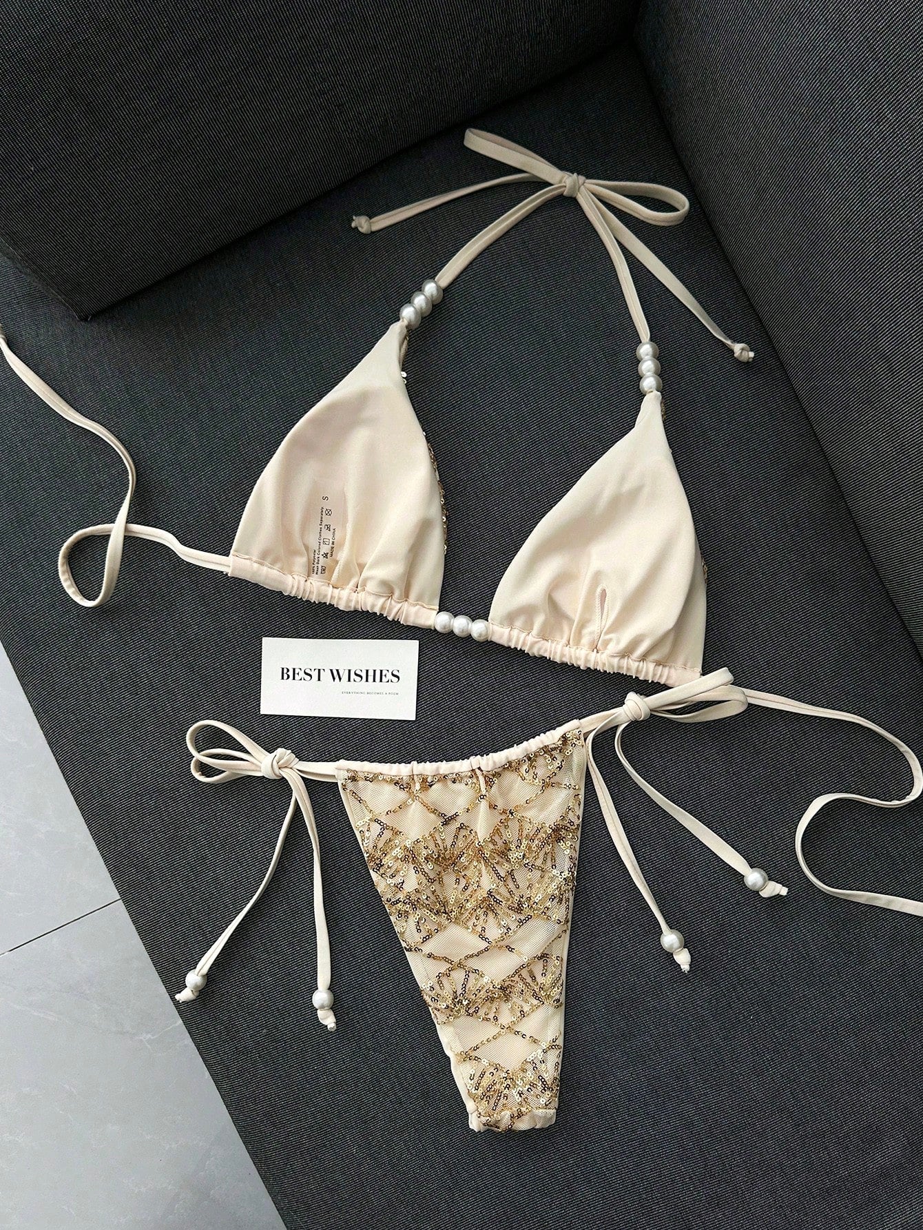 Swim SXY 2pcs/Set Women's Sexy Beaded & Sequin Decorated Spaghetti Strap Halter