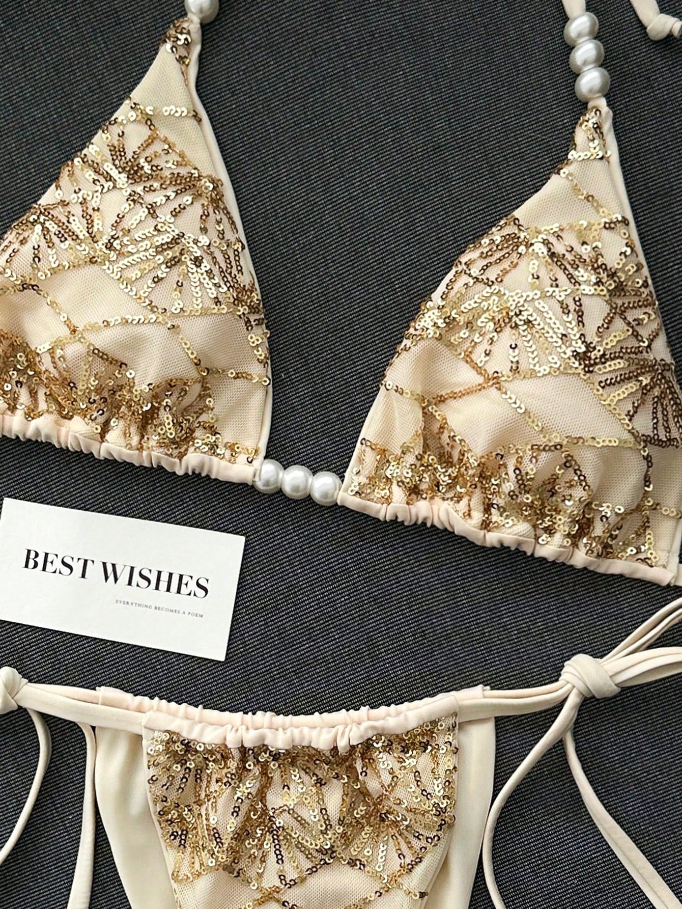 Swim SXY 2pcs/Set Women's Sexy Beaded & Sequin Decorated Spaghetti Strap Halter