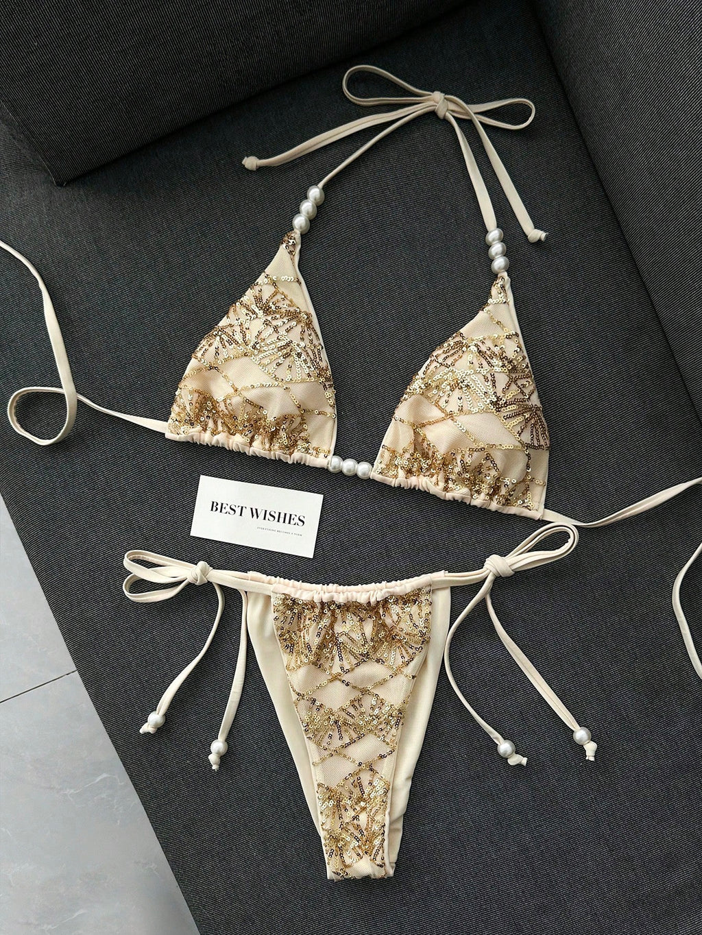 Swim SXY 2pcs/Set Women's Sexy Beaded & Sequin Decorated Spaghetti Strap Halter