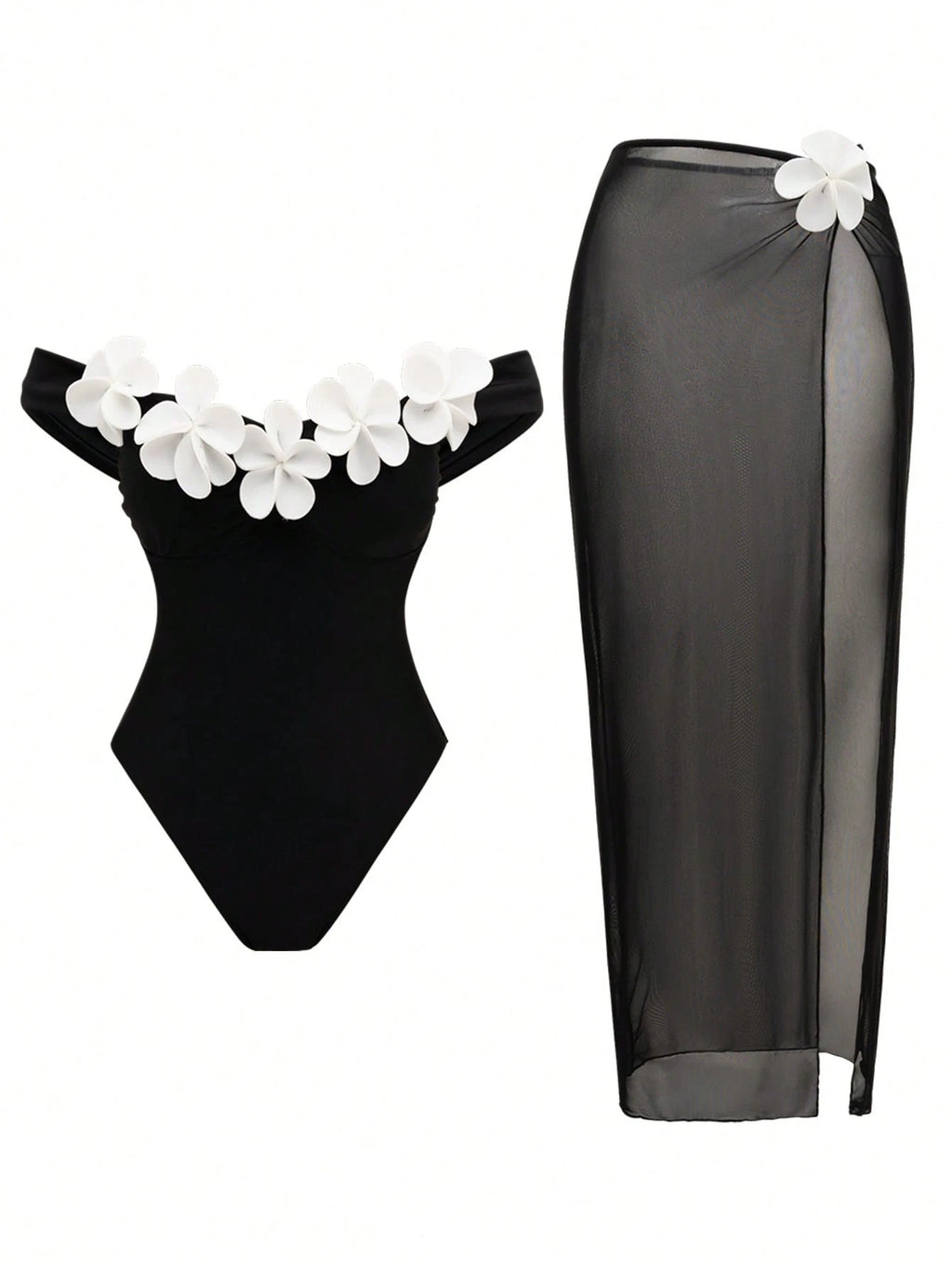 Swim Oasis White Mesh Skirt & Handmade Flower Trim Underwire Bodysuit,2-Piece Set For Summer,Elegant Holiday - image 2