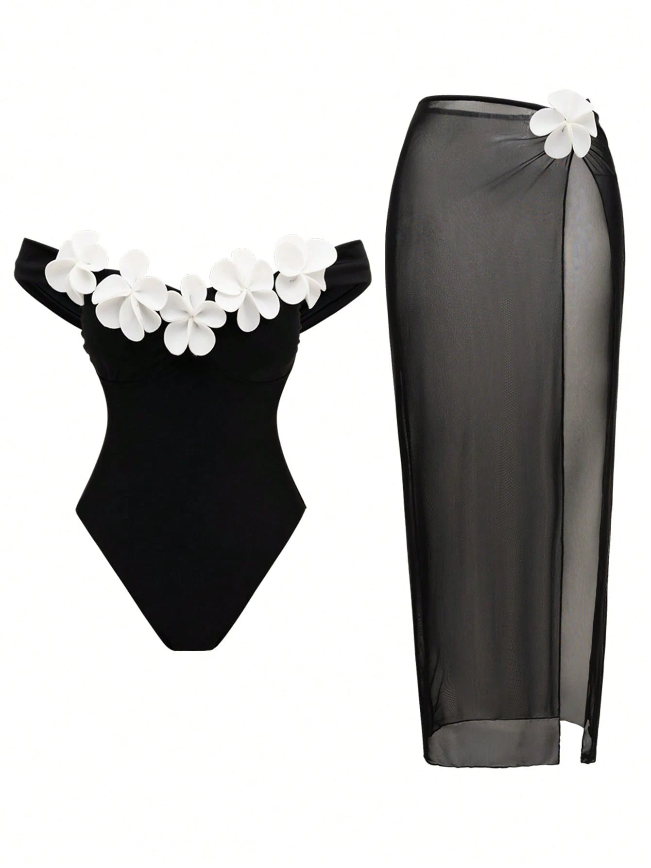 Swim Oasis White Mesh Skirt & Handmade Flower Trim Underwire Bodysuit,2-Piece Set For Summer,Elegant Holiday - image 2