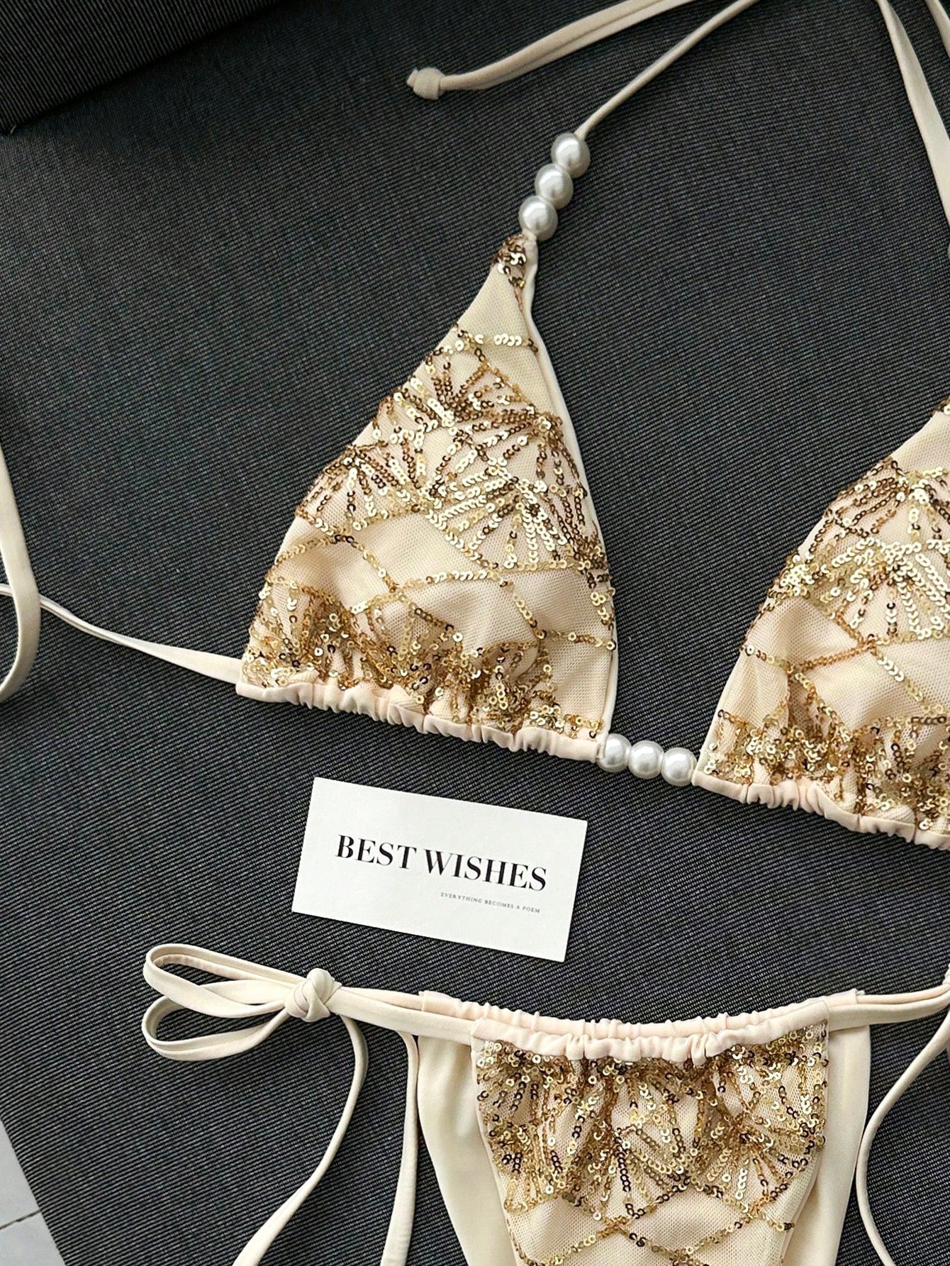 Swim SXY 2pcs/Set Women's Sexy Beaded & Sequin Decorated Spaghetti Strap Halter