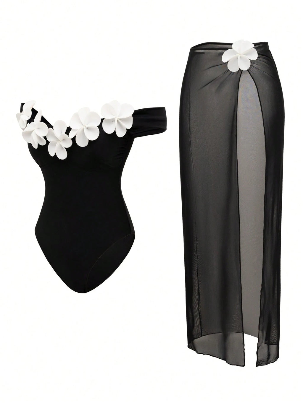 Swim Oasis White Mesh Skirt & Handmade Flower Trim Underwire Bodysuit,2-Piece Set For Summer,Elegant Holiday - image 8