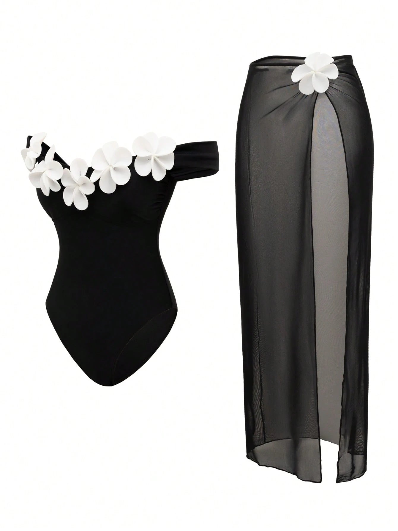 Swim Oasis White Mesh Skirt & Handmade Flower Trim Underwire Bodysuit,2-Piece Set For Summer,Elegant Holiday - image 8