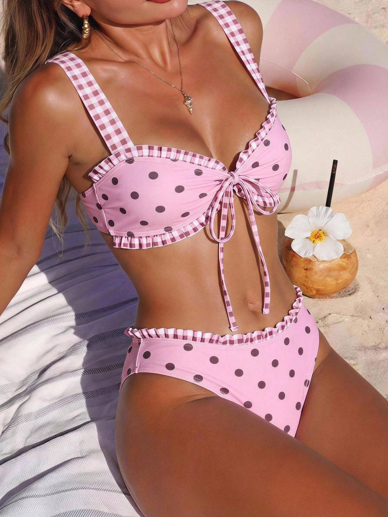 Swim Mod Women's Summer Beach Polka Dot Plaid Ruched Bikini Top And