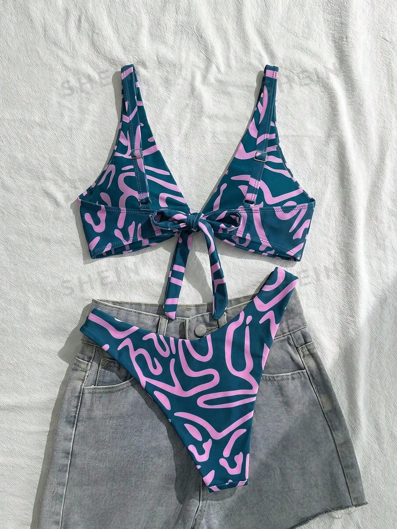 Swim Vcay Women Fashion Blue Floral Print Separate Swimwear Set, Sexy