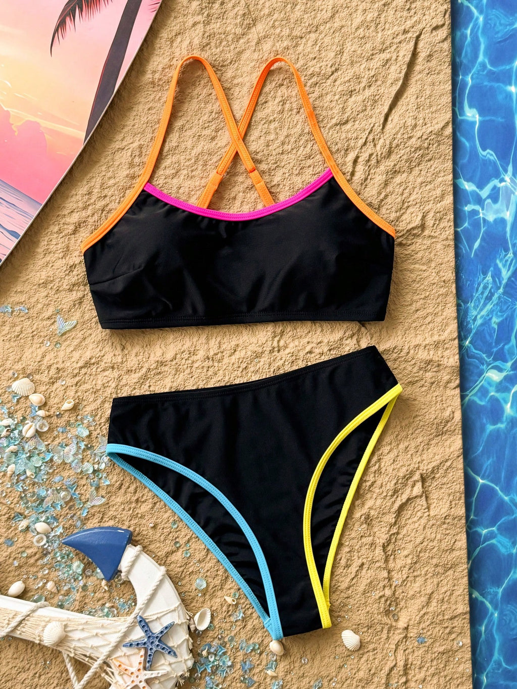 Holidaya New Summer Women's Spaghetti Strap Sleeveless Black Top With Colorful Trim And Black Shorts, Simple - image 5