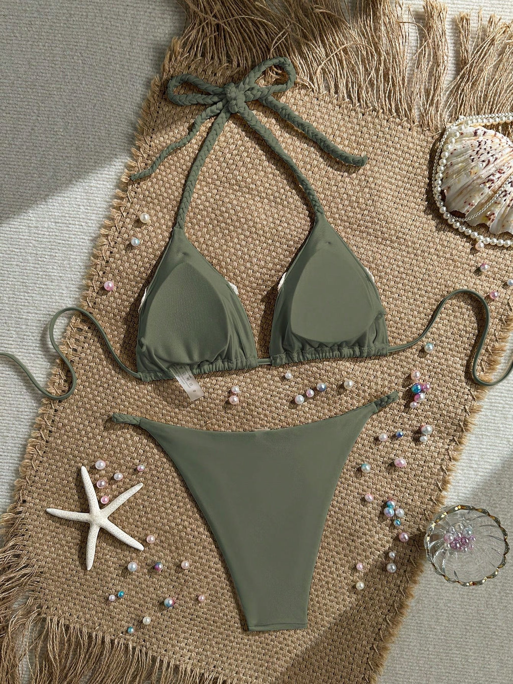 Bonvoyette Women's New Bikini Set, Apricot Solid Color Knitted Pearl