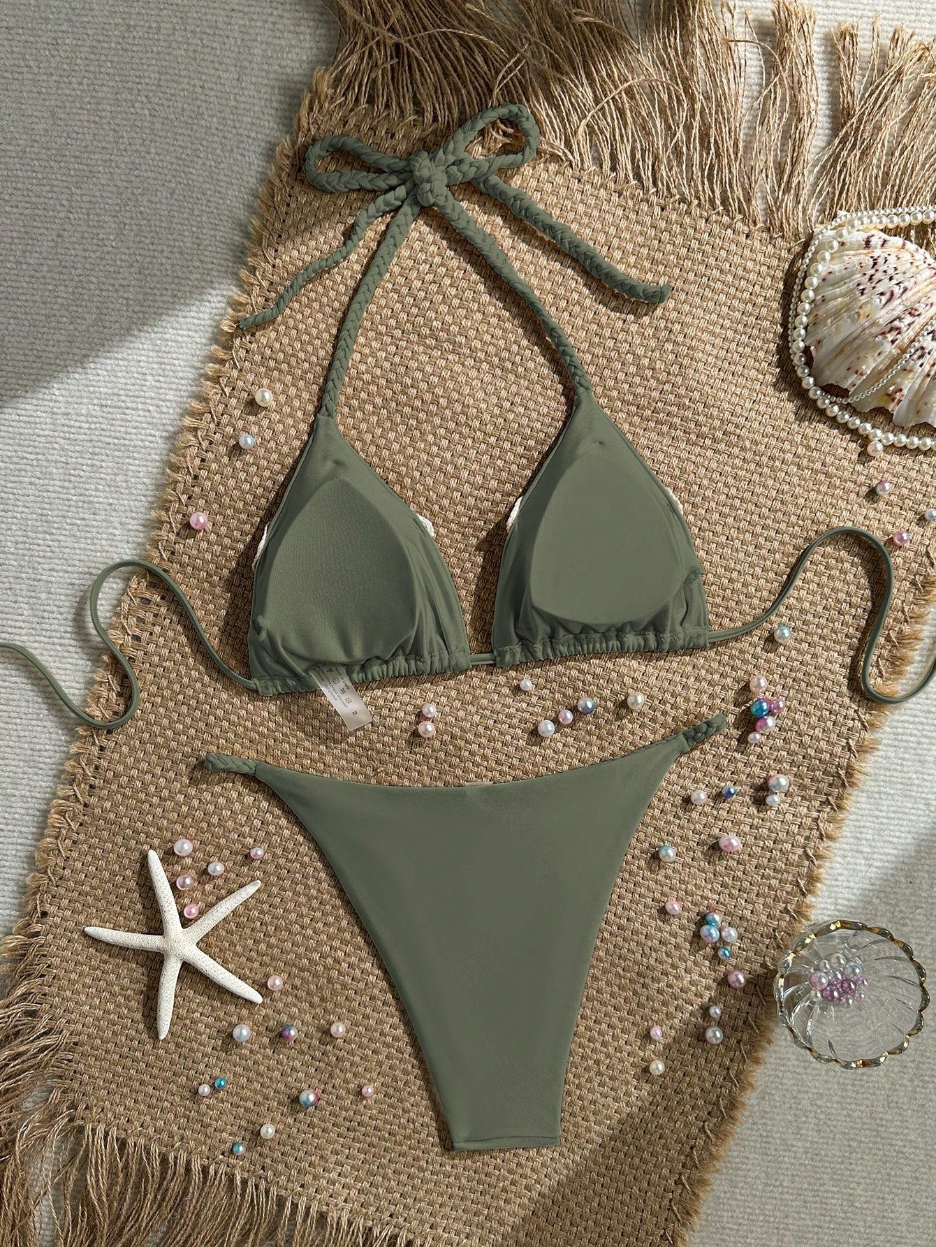 Bonvoyette Women's New Bikini Set, Apricot Solid Color Knitted Pearl