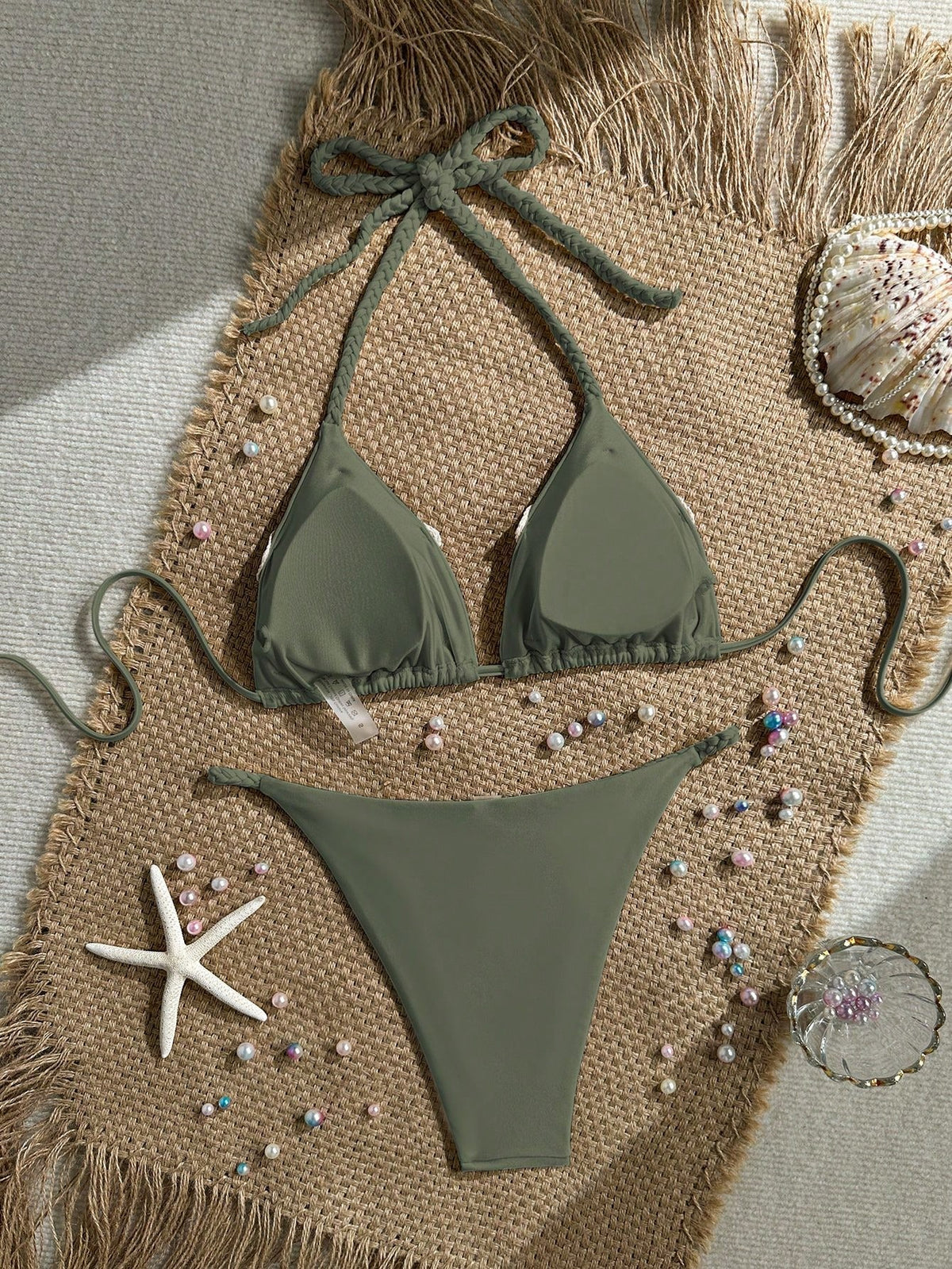 Bonvoyette Women's New Bikini Set, Apricot Solid Color Knitted Pearl Starfish Accessory Design, Halter Neck - image 9