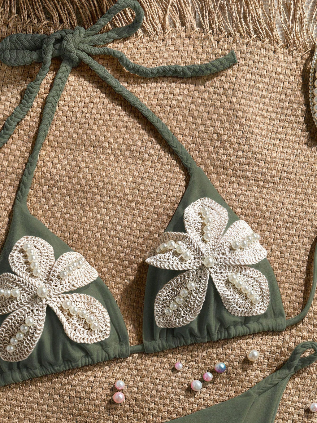 Bonvoyette Women's New Bikini Set, Apricot Solid Color Knitted Pearl