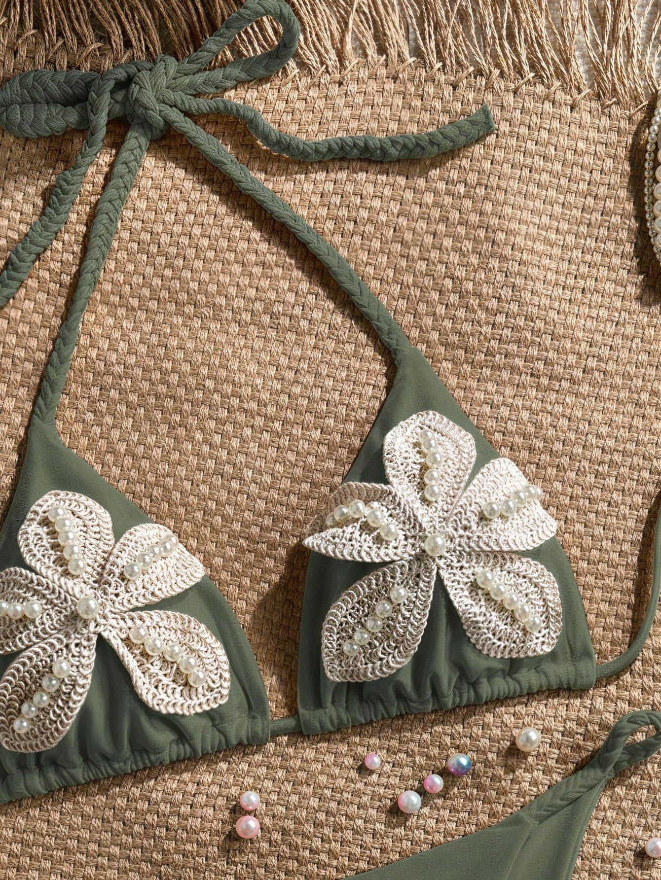 Bonvoyette Women's New Bikini Set, Apricot Solid Color Knitted Pearl