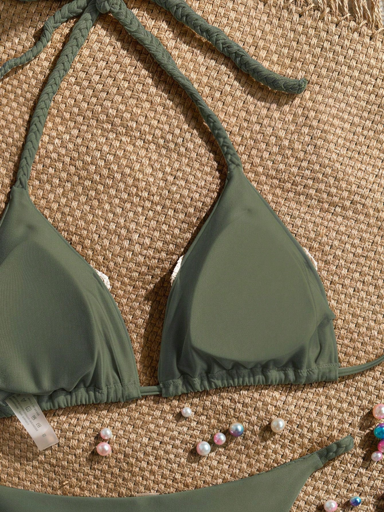 Bonvoyette Women's New Bikini Set, Apricot Solid Color Knitted Pearl