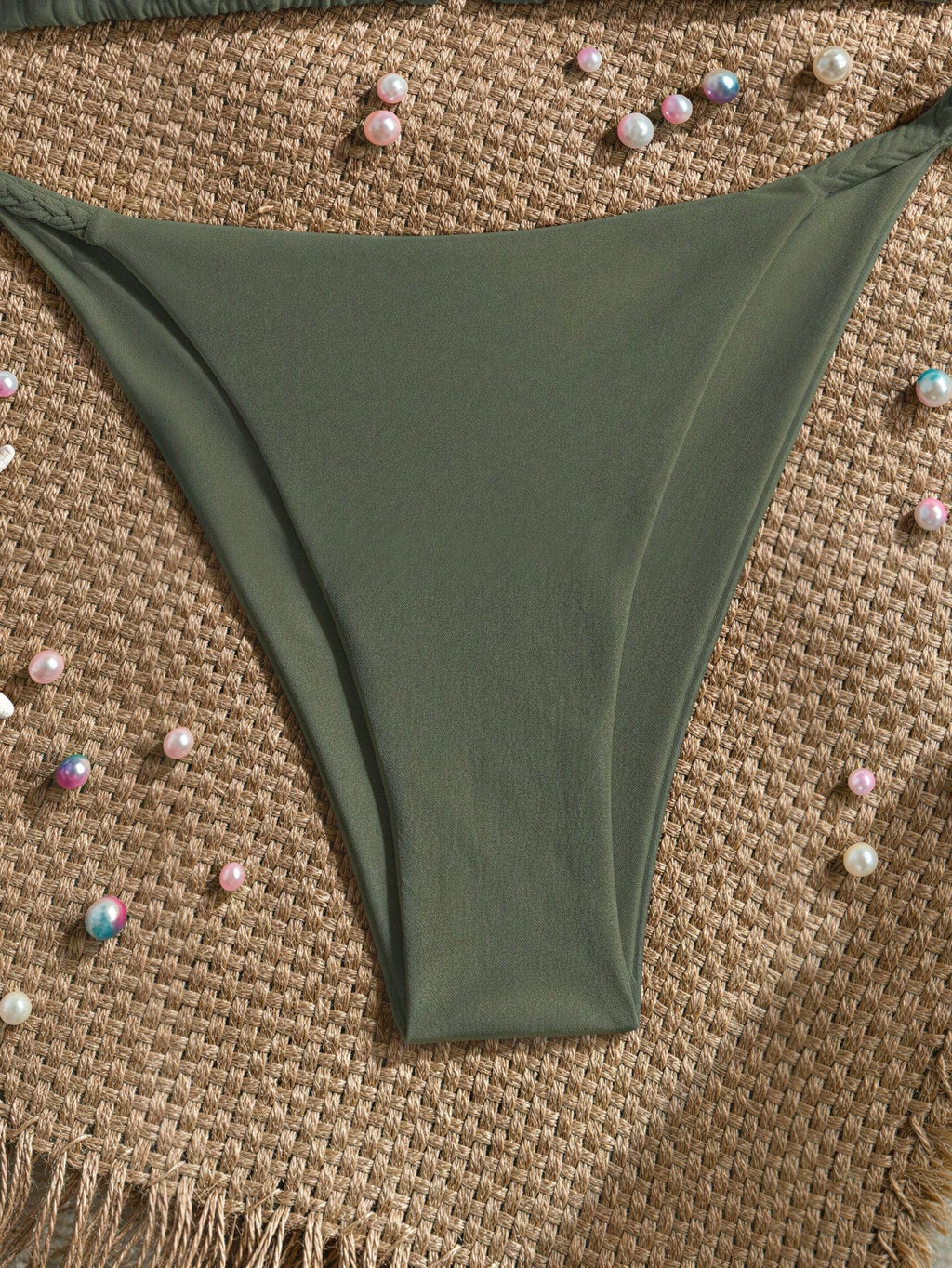 Bonvoyette Women's New Bikini Set, Apricot Solid Color Knitted Pearl