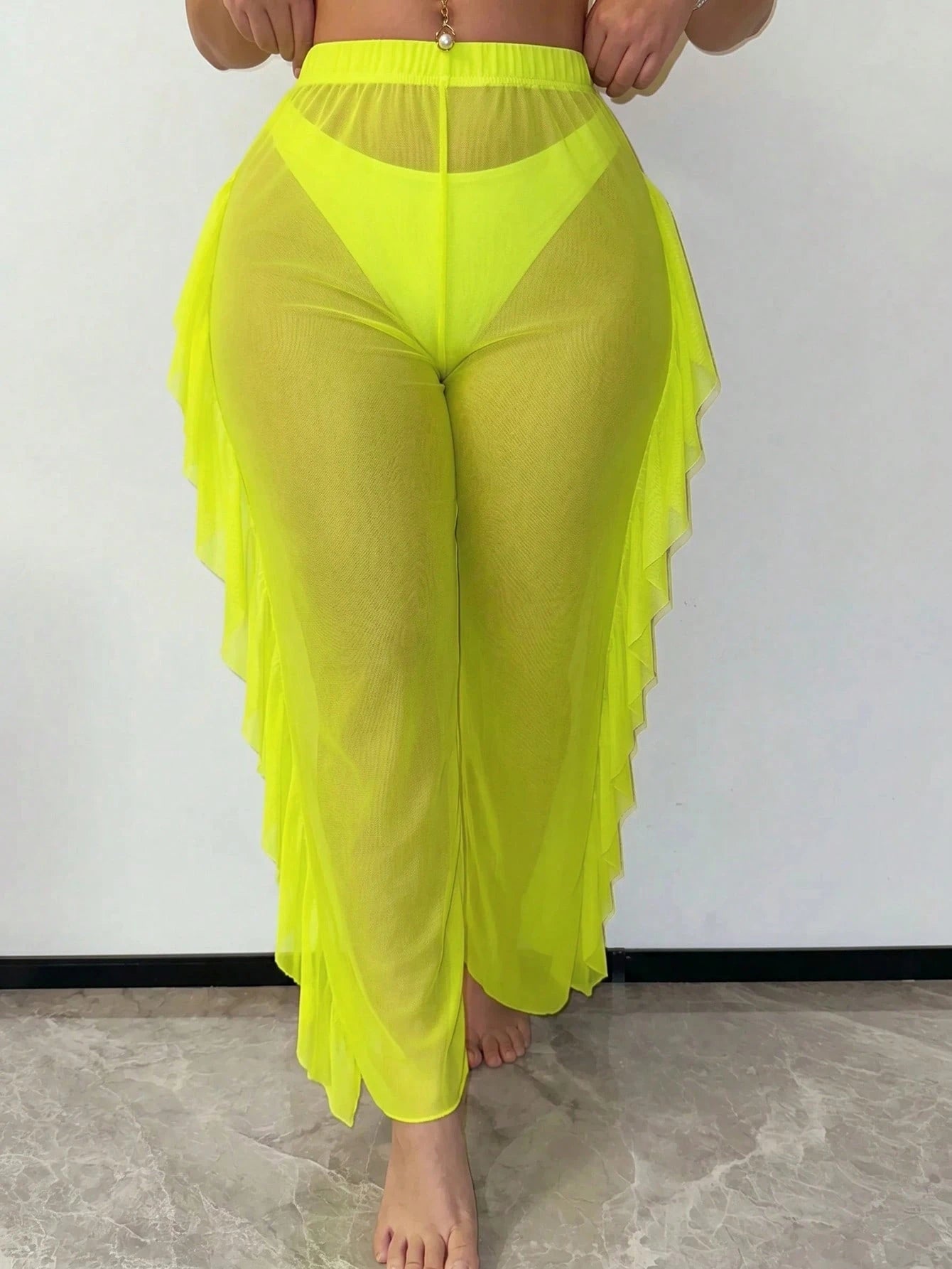 Slaydiva Ruffled Hem Solid Color Plus Size Women Cover Up & Pants Set