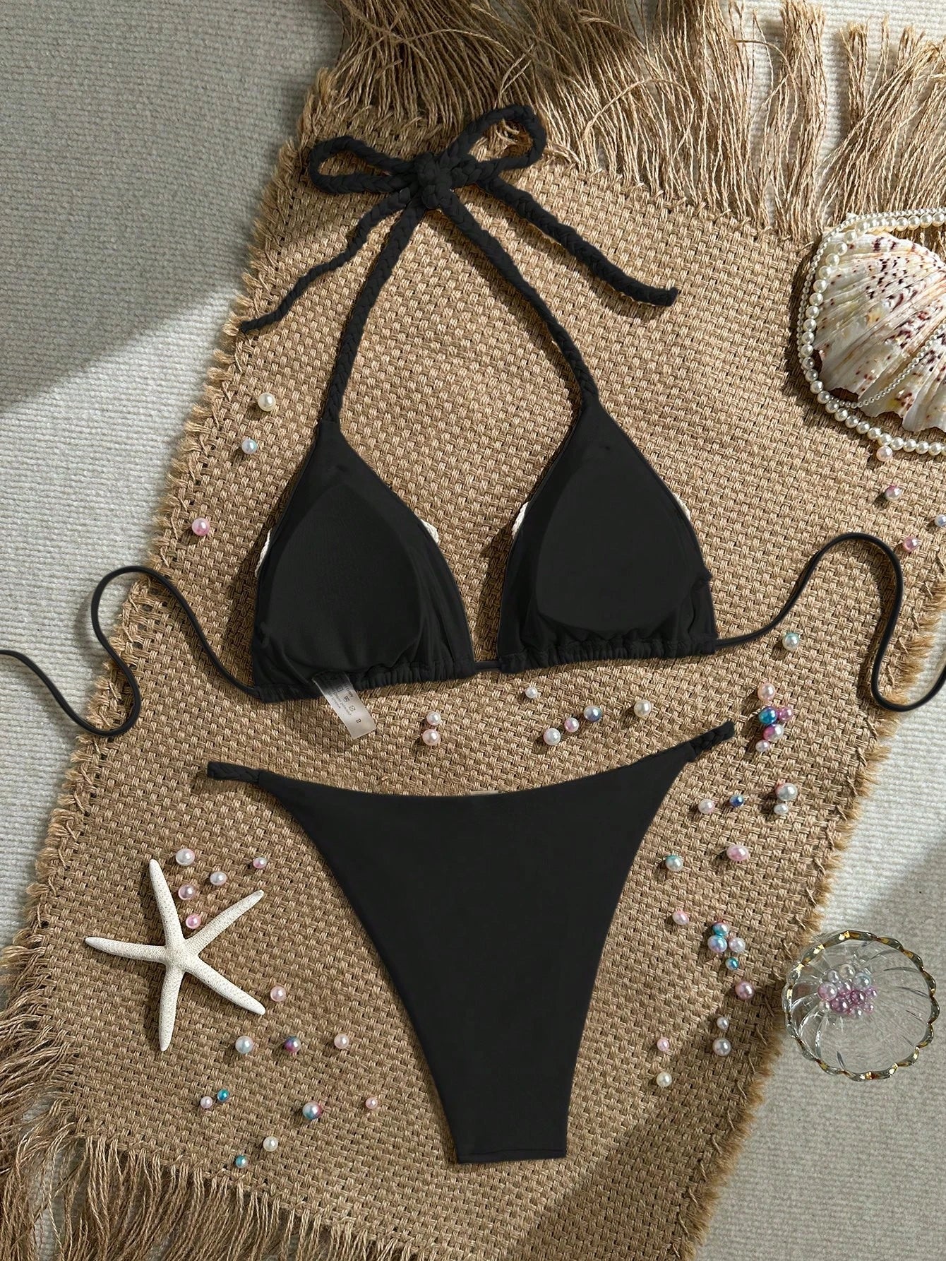 Bonvoyette Women's New Bikini Set, Apricot Solid Color Knitted Pearl
