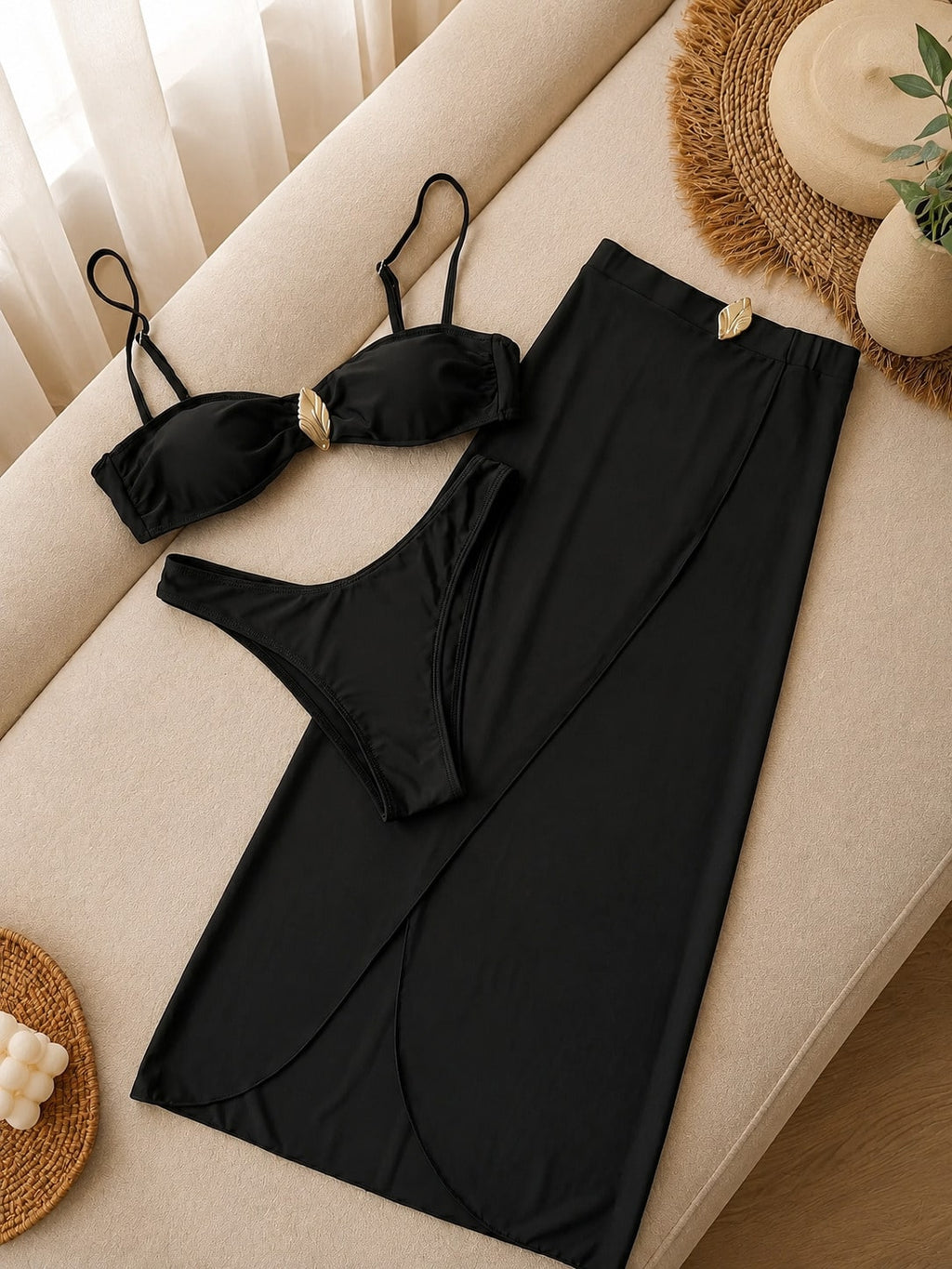 Summer New Elegant Black Bandeau Two-Piece Bikini Set With Sheer Slit