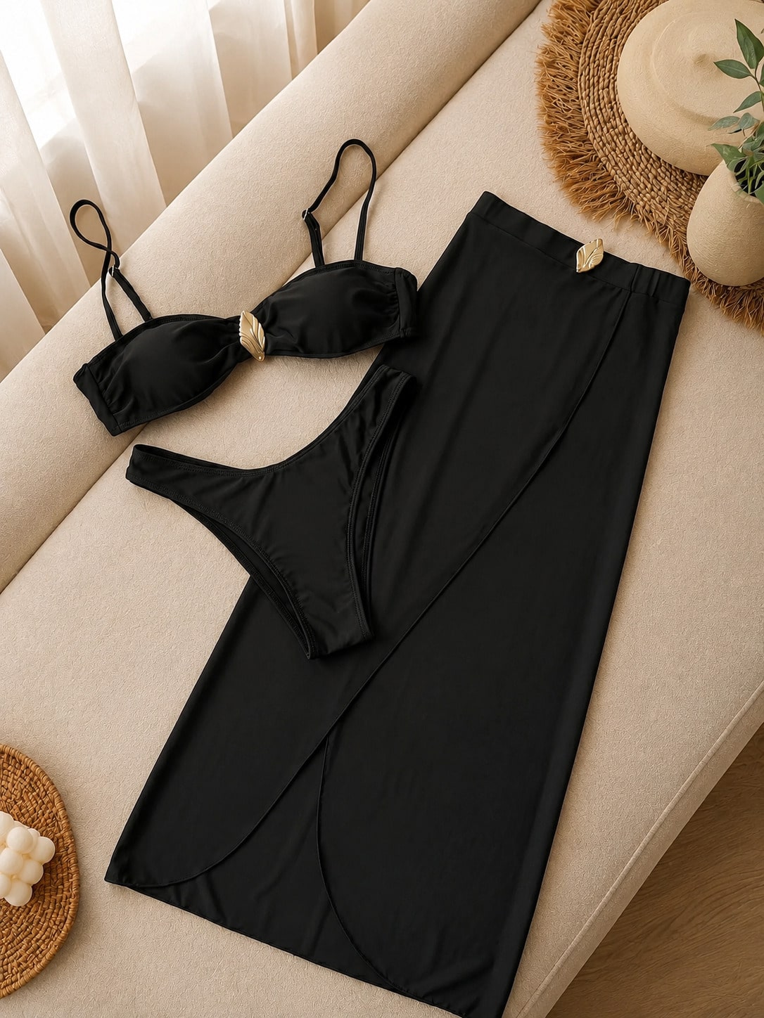 Summer New Elegant Black Bandeau Two-Piece Bikini Set With Sheer Slit