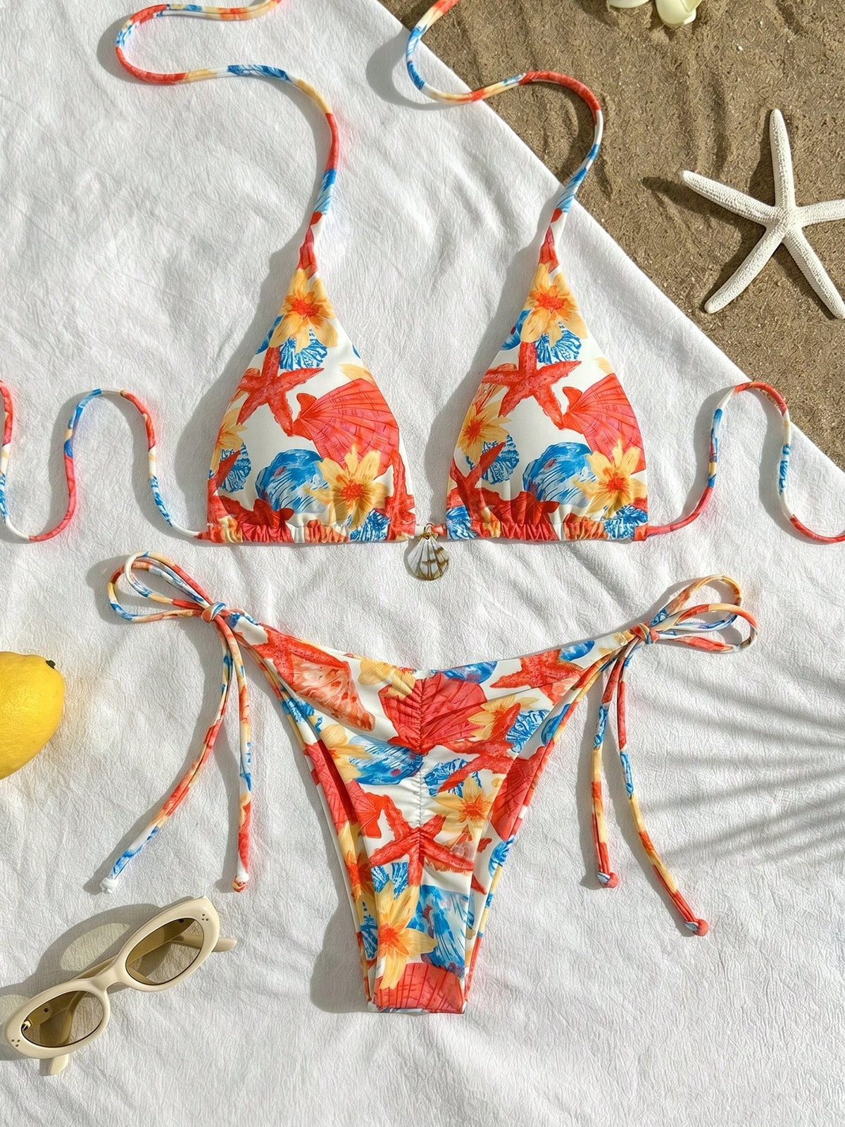 2pcs Lemon Print Bikini Set, Tie Design With Lemon Pendant Decor,