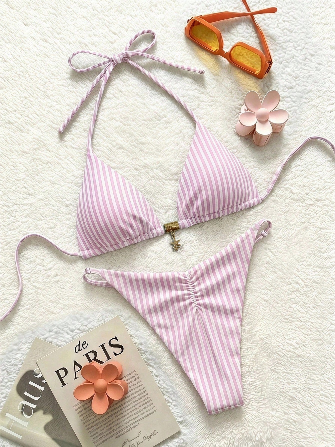 Soleia Women's Retro Striped Print Swimwear Set, Suitable For Beach,