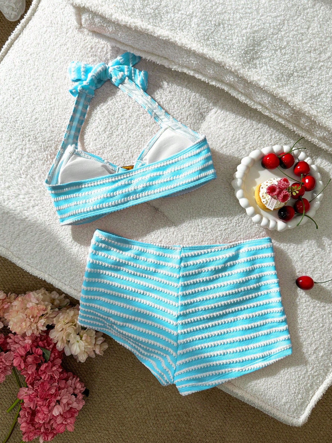 Swim Mod Women's Cute Vacation Pink Striped Halter Neck Swimsuit Set