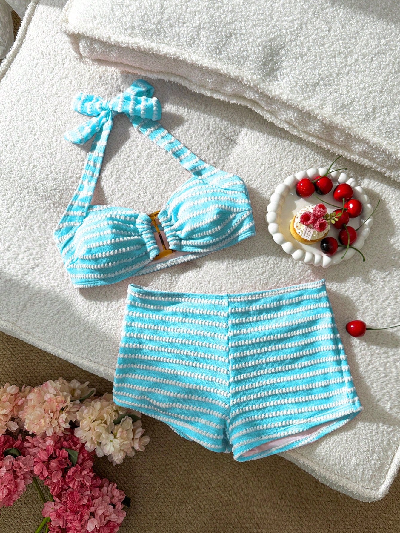 Swim Mod Women's Cute Vacation Pink Striped Halter Neck Swimsuit Set