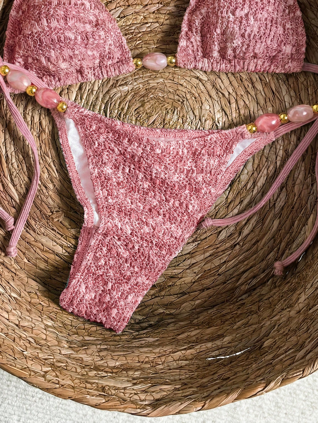 Bikinx Women's Elegant Textured Beaded Halter Bikini Set, Side Tie