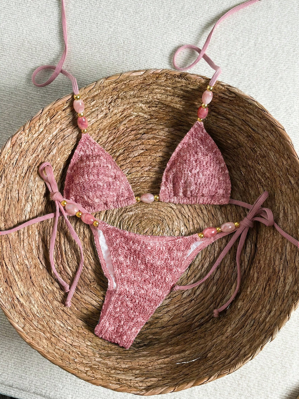 Bikinx Women's Elegant Textured Beaded Halter Bikini Set, Side Tie