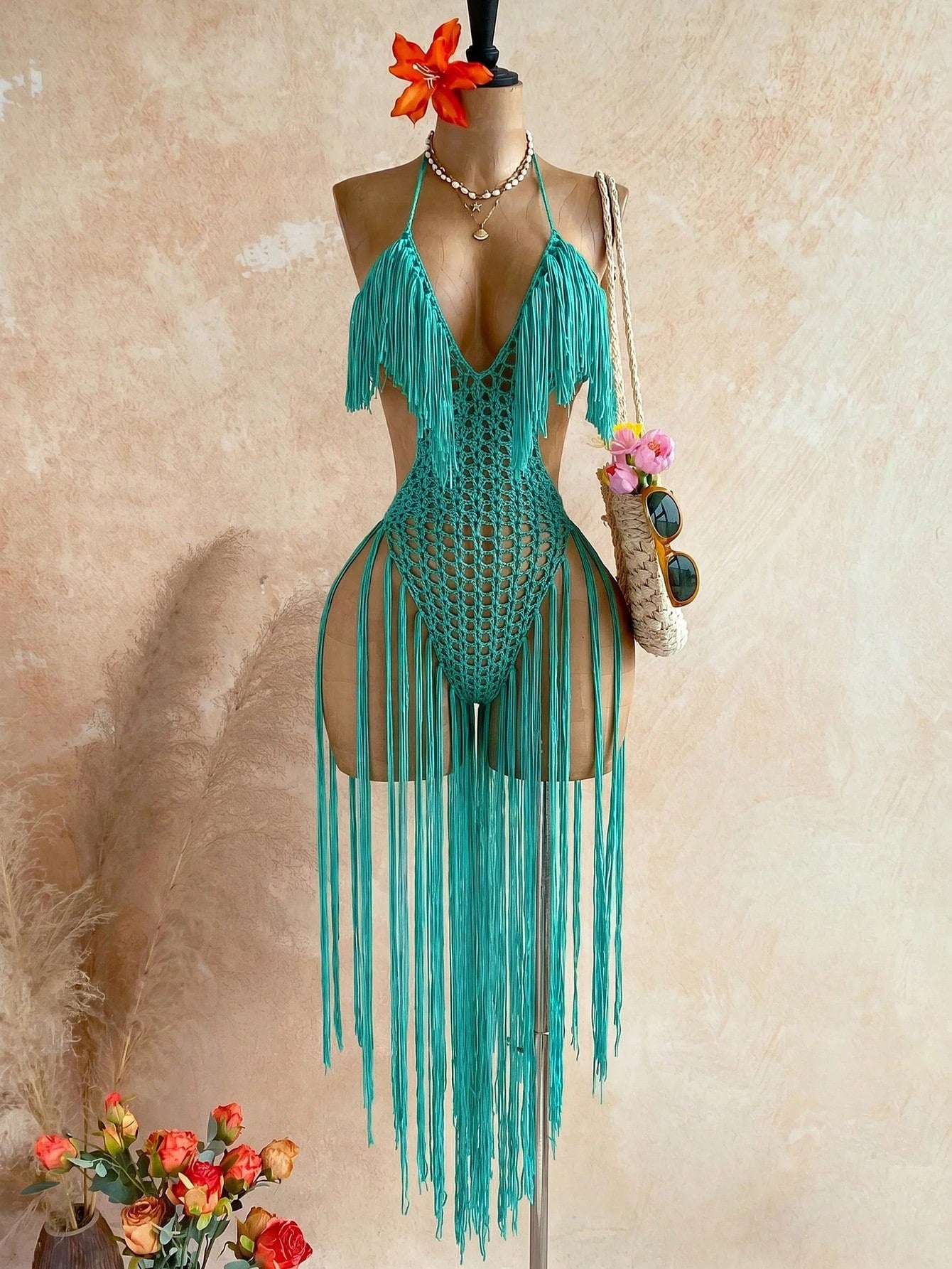 Soleia Women's Tassel Design Halter Neck Casual Vacation Cover-Up