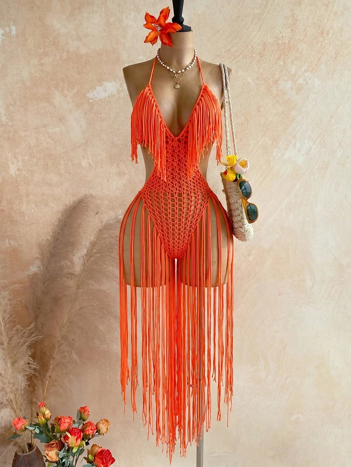 Soleia Women's Tassel Design Halter Neck Casual Vacation Cover-Up